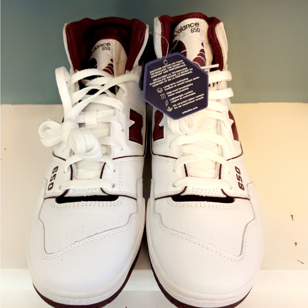 New Balance 650 High Tops White and Maroon Sneakers